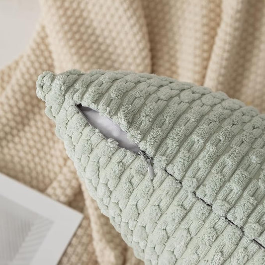 Kevin Textile Pack of 2 Corduroy Decorative Throw Pillow Covers 12x20 Inch Spring Soft Boho Striped Pillow Covers Modern Farmhouse Home Decor for Spring Sofa Living Room Couch Bed Light Green