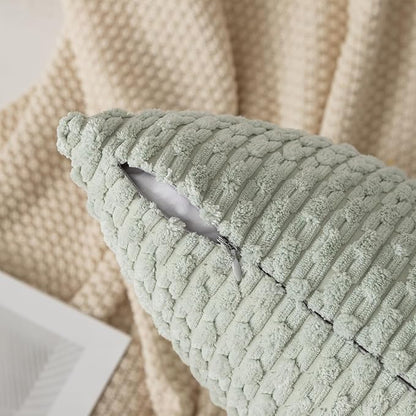 Kevin Textile Pack of 2 Corduroy Decorative Throw Pillow Covers 16x16 Inch Spring Soft Boho Striped Pillow Covers Modern Farmhouse Home Decor for Spring Sofa Living Room Couch Bed Light Green