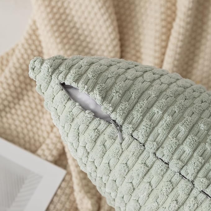 Kevin Textile 2 Packs Light Green Decorative Throw Pillow Covers 18x18 Inch for Living Room Couch Bed Spring Sofa Soft Striped Corduroy Square Cushion Case 45x45 cm Rustic Farmhouse Boho Home Decor