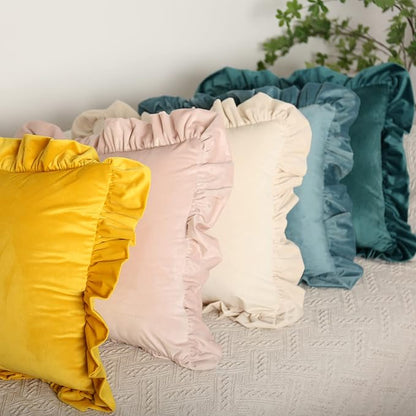 Velvet Ruffle Throw Pillow Covers Couch, Set of 2 Decorative Pillowcases with Ruffles 18x18 Inch Solid Color Shabby Chic Farmhouse Cushion Cover for Living Room Sofa Bed, Beige