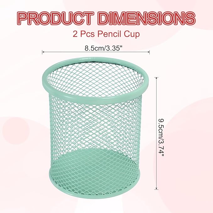 uxcell 2Pcs Mesh Pencil Holder, Metal Pen Cup Desk Organizer Makeup Brush Cup Holder for Home, Office, Classroom(Light Green)