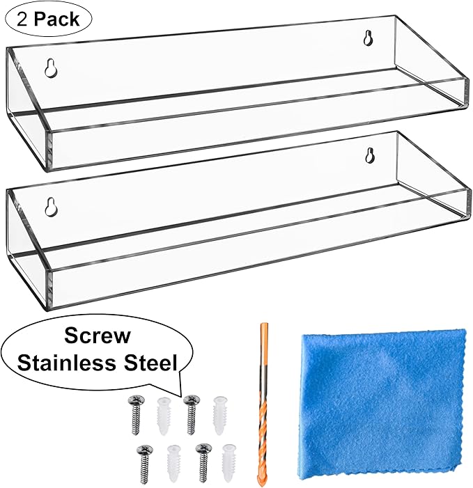 AMT 2 Pack Acrylic Floating Shelves, 15" L x 4" W, Clear Bathroom Wall Shelf, Bookshelves, Invisible Display for Office, Bedroom, Small Gap Allows Water to Escape, Free Screws & Drill Bit (Large)