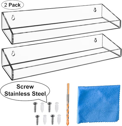 AMT 2 Pack Acrylic Floating Shelves, 15" L x 4" W, Clear Bathroom Wall Shelf, Bookshelves, Invisible Display for Office, Bedroom, Small Gap Allows Water to Escape, Free Screws & Drill Bit (Large)