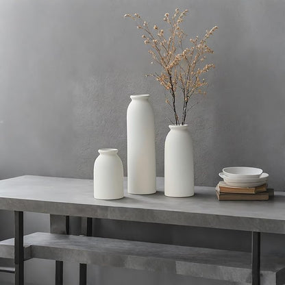 10.6 inches Tall Decorative Ceramic Vase Set, 3 Pieces, Nordic Modern Boho Style, White, for Home Decor (White)