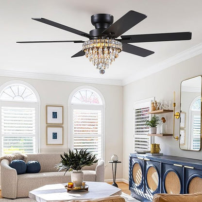 Asyko Chandelier Ceiling Fan -52" Crystal Ceiling Fan- Fandelier Fan Light Black with Remote, Silent Reversible Motor, Dual-Sided 6 Blades, 3 Speed, Timer, Indoor Fan Ceiling