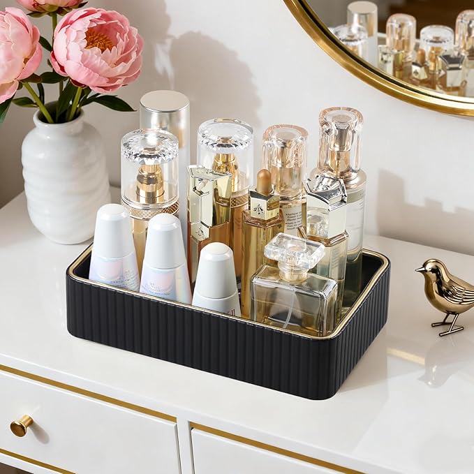 Desk Organizer Tray, PU Leather Valet Tray Nightstand Organizer Cologne Perfume Trays for Men Women, Decorative Vanity Trays Key Bowl Trinket Dish (Black, 9.5" x 6" x 2.2")