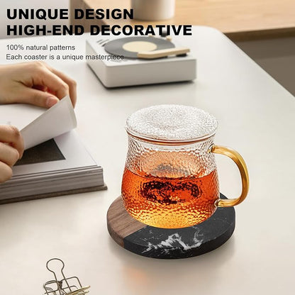 Marble Coasters: 4-Piece Set of Acacia Wood Marble Coasters, Suitable for Kitchens, Offices, and can be Used as Gifts (Black Round)