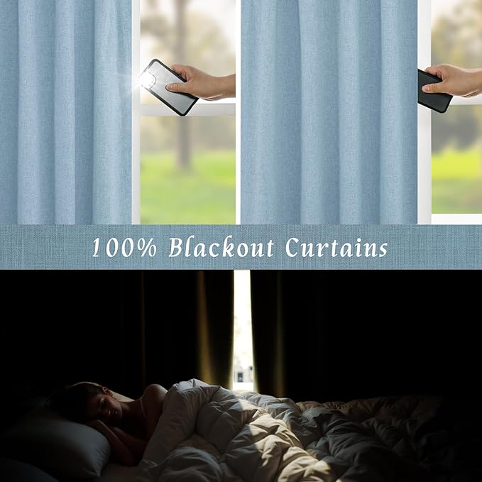 LAMIT 100% Blackout Linen Curtains 63 Inches Long, Linen Textured Living Room Farmhouse Curtains Full Room Darkening Back Tab and Rod Pocket Panels with White Liner, 2 Panels, Stone Blue, 60 x 63 Inch