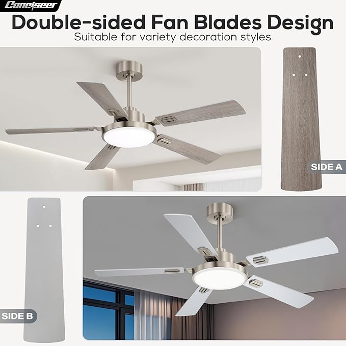 52 Inch Ceiling Fans with Lights and Remote for Bedroom Living Room Kitchen Office, Indoor/Outdoor Use, 5CCT Dimmable, 5 Blades, 6 Speed Reversible Quiet DC Motor, Sand-nickel/Wood Grain