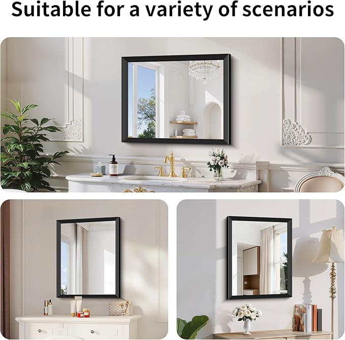 Black Bathroom Mirror 24 x 30 Inch Rectangle Wave Beveled Frame for Wall Bathroom Vanity Mirror for Over Sink, Tempered Glass,for Entryway Hangs, Bathroom Living Room Horizontal or Vertical