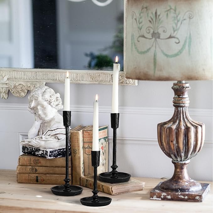 Rustic Cast Iron Taper Candle Holder - Set of 3 Vintage Candle Stands, Candlestick Holders for Wedding, Dining, Party Décor (Black)