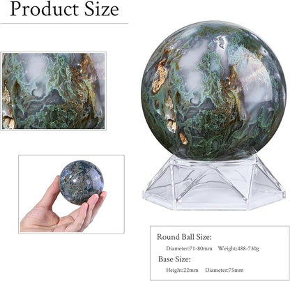 Natural Moss Agate Crystal Ball with Acrylic Display Base, 71-80mm Polished Stone Feng Shui Crystal Sphere Meditation Decoration for Home & Office