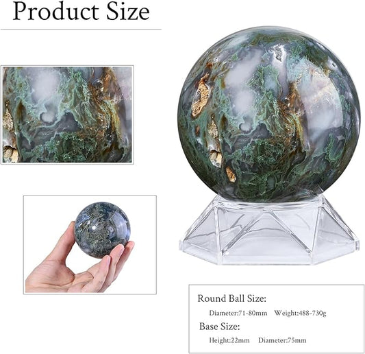 Natural Moss Agate Crystal Ball with Acrylic Display Base, 71-80mm Polished Stone Feng Shui Crystal Sphere Meditation Decoration for Home & Office