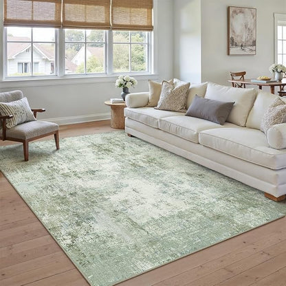 6x9 Washable Area Rug Sage Green Abstract Living Room Bedroom Carpet Neutral Modern Non-Slip Soft Low Pile Lightweight Vacuumable Throw Rug for Dining Room Kitchen