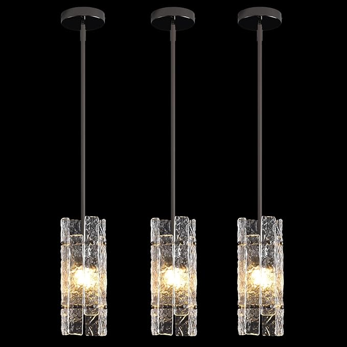Pearl Black Crystal Pendant Light for Kitchen Island, Luxury Mini Water Ripple Glass Chandelier Fixture, Modern round Adjustable Hanging Pendant Lighting for Dining Room Bathroom Hallway (3-Pack)