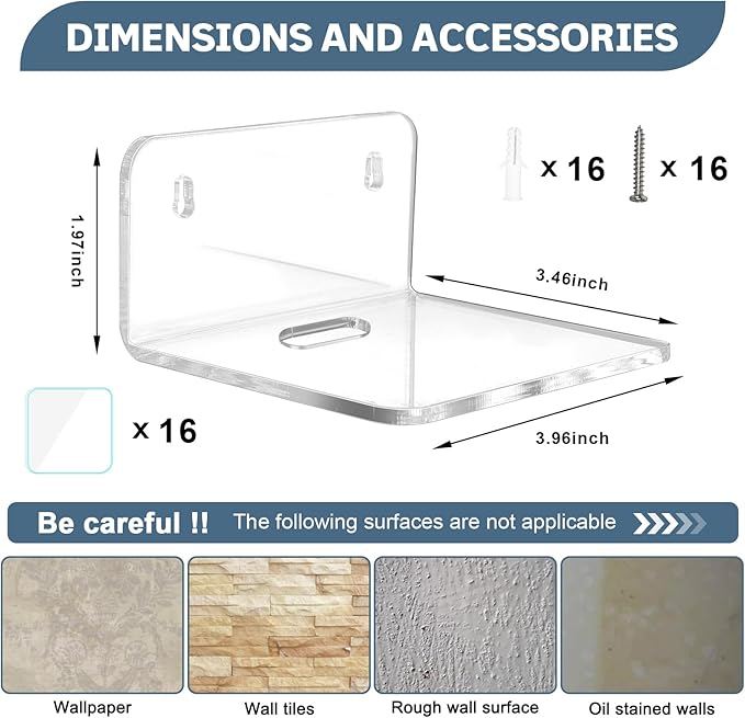 Acrylic Small Shelf,Mini Floating Wall Shelf,Wall Mounted Storage Shelf,for Pop Figures,Plant,Picture Photo Modern Wall for Office Bedroom Living Room,Clear