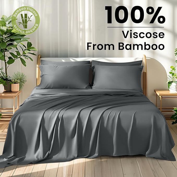 Shilucheng 100% Viscose Derived from Bamboo_ Sheets King Size 6pcs - Ultra Cooling & Silky Soft Bed Sheets, 16" Deep Pocket, Perfect for Hot Sleepers, Hotel Bedding Sheets (Dark Grey)