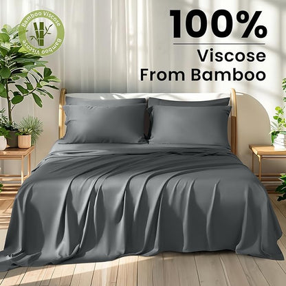 Shilucheng 100% Viscose Derived from Bamboo_ Sheets King Size 6pcs - Ultra Cooling & Silky Soft Bed Sheets, 16" Deep Pocket, Perfect for Hot Sleepers, Hotel Bedding Sheets (Dark Grey)
