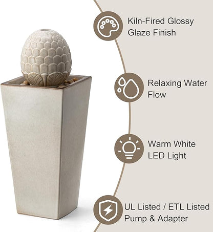 Glitzhome Ceramic Outdoor Water Fountain with LED Light, Oversized Artichoke Pedestal Water Fountains with Submersible Pump, Patio Fountain Waterfall for Garden Patio Deck Porch, Sand Beige, 35.75" H