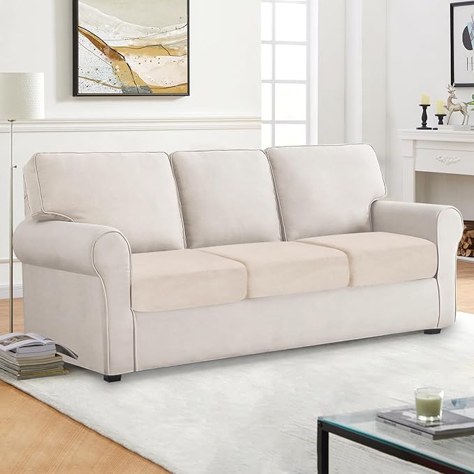 Couch Cushion Cover Velvet 3 Pieces Seat Cushion Cover Stretch Sofa Covers Separate Sectional Sofa Slipcovers Furniture Protector (3-Seater or Backrest, Beige)