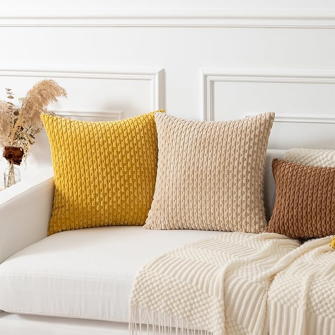 Kevin Textile Throw Pillow Covers Soft Corduroy Decorative Set of 2 Boho Striped Pillow Covers Pillowcases Farmhouse Home Decor for Couch Bed Sofa Living Room 20x20 Inch Mustard Yellow