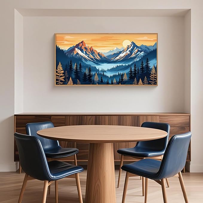 HLNIUC Boho Abstract Blue Orange Mountain Wall Art Framed, Large Pine Tree Ridge Wall Decor (20"x40"), Sunset Forest Landscape Canvas Painting, Nature Prints for Living Room, Bedroom, Office
