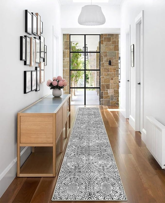 vivorug Runner Rug 2'x8' Machine Washable Non-Slip Runners for Hallways Kitchen Entryway Laundry Room Vintage Medallion Carpet Hallway Runner Grey