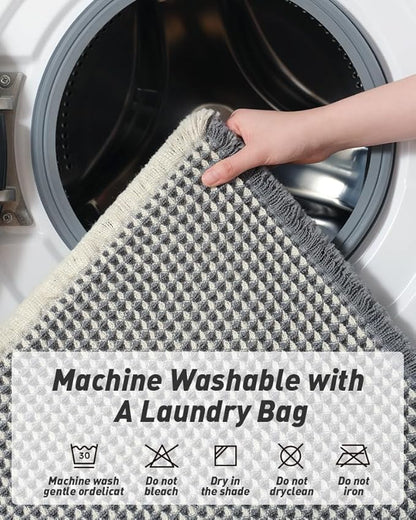 Upgraded Waffle Runner Rug Super Absorbent Non Slip Bath Mats for Bathroom Machine Washable Bathroom Runner Rug with Tassels, Ideal for Hallway Bedroom Laundry Room, 17" x 60", DarkGrey & Cream