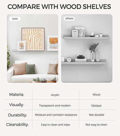 HBlife 48 Inches Invisible Wall Floating Bookshelf for Kids and Nursery, Clear Acrylic Shelves for Figures, 16 Inch Stud Spacing Long Large Picture Ledge Shelf for Photo Frames, 2 Pack (5MM Thick)