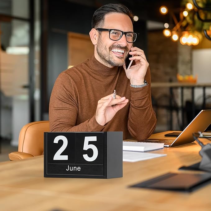 Wooden Block Calendar for Desk, Small Size Daily Desktop Perpetual Desk Calendar, Cute Date Display Desk Accessories for Home Office Decor, Teacher, Classroom, Reusable Yearly, Black