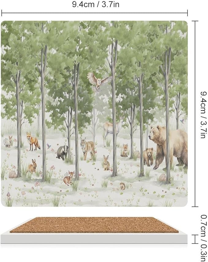 Square-4PCS Forest Ceramic Coasters, Square Absorbent Drink Coasters, Cartoon Forest Nature Animal Bear, Deer, Fox, Rabbit Style Ceramic Table Coasters for Coffee, Beverage, Wine, Beer Coasters