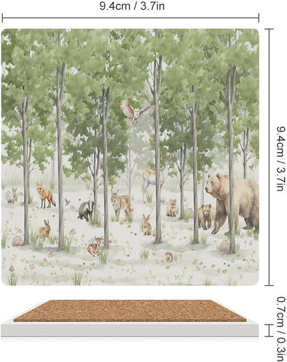 Square-4PCS Forest Ceramic Coasters, Square Absorbent Drink Coasters, Cartoon Forest Nature Animal Bear, Deer, Fox, Rabbit Style Ceramic Table Coasters for Coffee, Beverage, Wine, Beer Coasters
