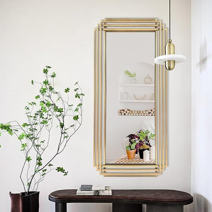 Gold Rectangle Mirror, 47"x22" Geometric Art Deco Mirror with Metal Frame, Modern Elegant Wall Mirrors for Living Room Bathroom Bedroom Entryway Hallway, Hangs Vertically or Horizontally