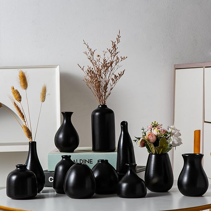 Tanvecle Black Ceramic Bud Vase Set of 11, Small Vases for Pampas Grass, Flowers, Mini Vases for Modern Home Decor, Minimalist Decor, for Living Room, Dining Table & Shelves