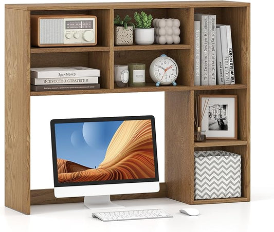 Desk Hutch, Desktop Organizer with 7 Cubes & 3 Adjustable Shelves, 3 Tier Wooden Display Rack, 37” Counter Top Bookshelf for Dorm, College, Home Office, Hutch Top Only