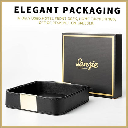 SANZIE Luxury Leather Desktop Storage Small Catchall Organizer Decorative Tray for Entryway Table to Hold Jewelry Watch Cosmetics Keys Phone Wallet, Home & Office Accessories (Metal Glided, Black)