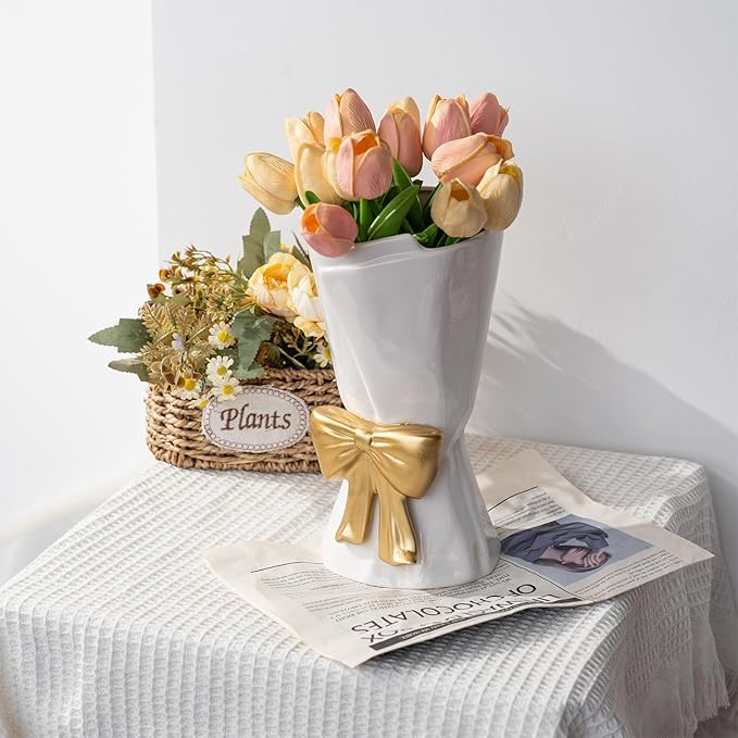 Fully Glazed White Ceramic Gold Bow Vase 9.64 in Unique Cute Modern Decorative Bouquet Flower Vases for Home Living Room Table Valentine's Day Decor Women Girl Gifts