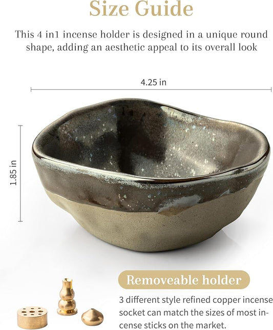 Ceramic 4 in 1 Incense Burner, 4.25 Inch Incense Holder with 3 Refined Copper Incense Sockets, Unique Round Shape Insence-Stick Holder for Meditation Decor, Yoga, SPA, Black