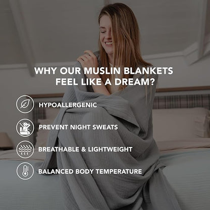 Goqan Muslin Blanket Queen 79x90 – 100% Turkish Cotton 4 Layer Boho Muslin Blanket for Adults, Four Season, Lightweight and Thin, Soft, Breathable for Bed - Light Grey