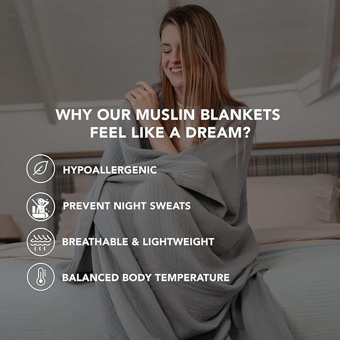 Goqan Muslin Blanket Twin 55x79 – 100% Turkish Cotton 4 Layer Boho Muslin Blanket for Adults, Four Season, Lightweight and Thin, Soft, Breathable, for Bed, Couch - Light Grey