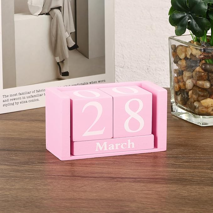 PATIKIL Vintage Wood Block Perpetual Calendar, Reusable Wooden Month Date Display Blocks for Desk Office Home Decoration 3.7", Pink