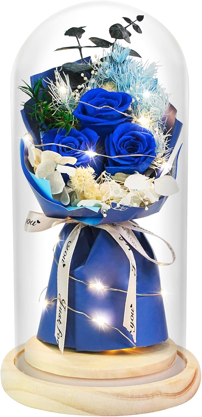 HVY Preserved Real Flowers Bouquet Gifts for Her,Forever Flowers Gift for Women,Preserved Blue Rose in Glass Dome with LED Light Ideal for Christmas,Birthday,Anniversary,Valentine's Day, Mother's Day
