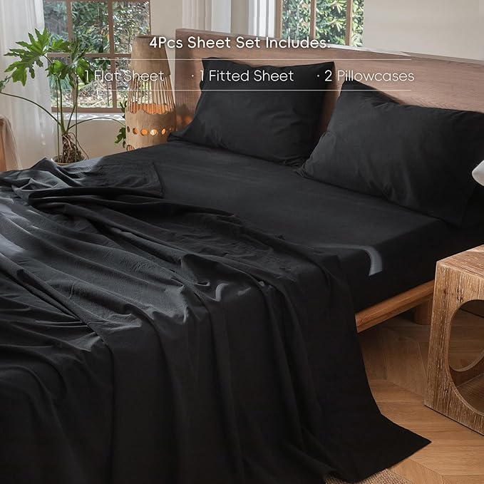 MooMee Bedding Sheet Set 100% Washed Cotton Linen Like Textured Breathable Durable Soft Comfy (Solid Black, King)