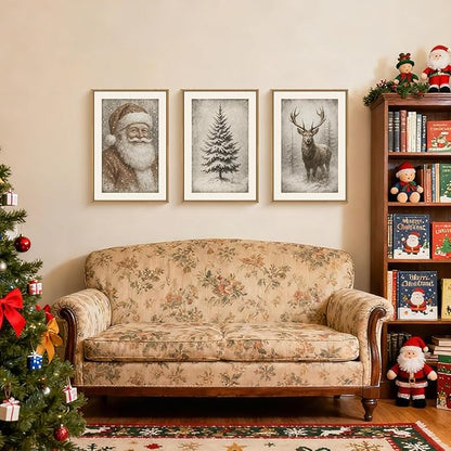 HLNIUC Large Vintage Christmas Framed Wall Art Set of 3, Santa Claus Reindeer Decor, Snowy Xmas Pine Tree Neutral Canvas Art(16x24), Farmhouse Rustic Sketch Prints for Living Room, Bedroom, Office