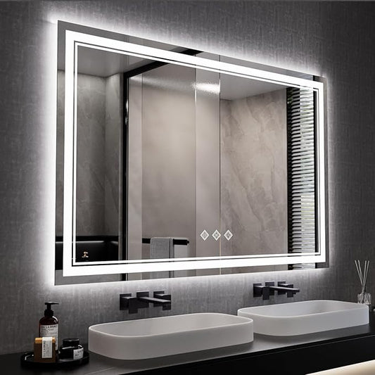 LED Mirror, 55x36 Inch Gradient Front and Backlit Lighted Bathroom Mirror, 3 Colors Dimmable CRI>90 Double Lights, IP54 Enhanced Anti-Fog, Hanging Plates Wall Mount Bathroom Mirror