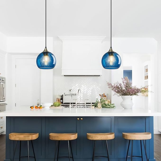 Blue Glass Pendant Lights Kitchen Island Lighting Globe Pendant Light Fixtures Modern Pendant Lighting for Kitchen Island Bedroom Living Dining Room Light Fixture(5.9in, 1-Pack)