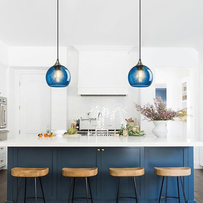 Blue Glass Pendant Lights Kitchen Island Lighting Globe Pendant Light Fixtures Modern Pendant Lighting for Kitchen Island Bedroom Living Dining Room Light Fixture(5.9in, 3-Pack)