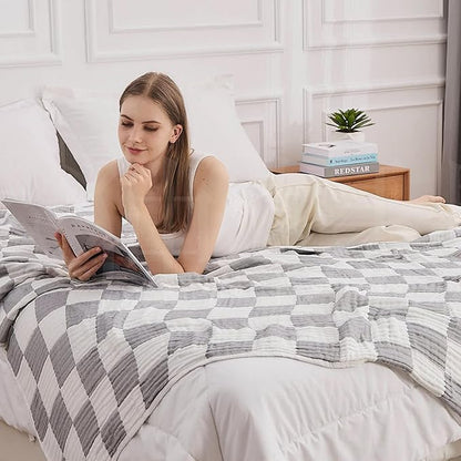 EMME Checkered Cotton Queen Size Bed Blanket, 80"x90", Lightweight Breathable Cooling All Season Gauze, Light Grey