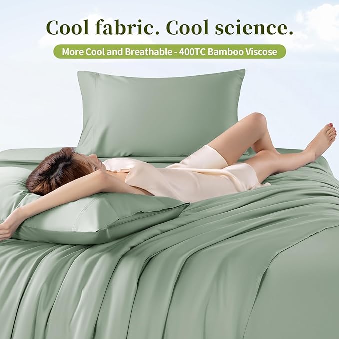 Shilucheng 100% Viscose Derived from Bamboo_ Sheets Queen Size 6pcs - Ultra Cooling & Silky Soft Bed Sheets, 16" Deep Pocket, Perfect for Hot Sleepers, Hotel Bedding Sheets (Sea Glass)