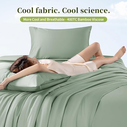 Shilucheng 100% Viscose Derived from Bamboo_ Sheets Queen Size 6pcs - Ultra Cooling & Silky Soft Bed Sheets, 16" Deep Pocket, Perfect for Hot Sleepers, Hotel Bedding Sheets (Sea Glass)